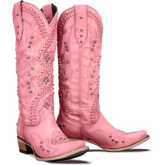 Shoes - Women's Pink Leather Embroidery Knee High Western Cowgirl Boots Lightweight